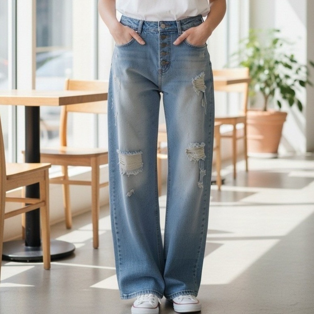 Cherrybetty Womens Distressed Wide Leg Jeans Light Wash Button Fly Size L